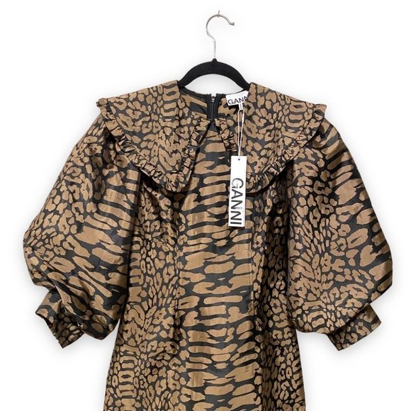NWT Ganni Jacquard Puff Sleeve Leopard Animal Print Satin Mini Dress Size 2 - Picture 4 of 8